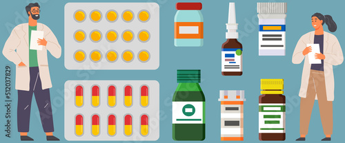 Medicine, pharmacy, hospital set of drugs with labels. Medication, pharmaceutics concept. Pills and vials, healthcare and shops, doctor prescribes treatment for patient, chemicals capsule, medicament