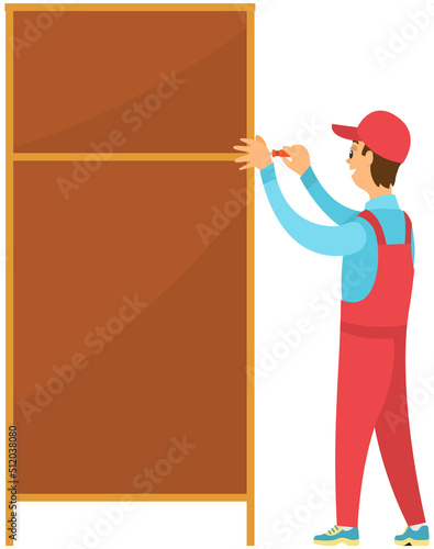 Man holding screwdriver. Repairman in red overall working, locksmith engineer fixes or assembles furniture. Repair and maintenance service. Male character repairing broken mechanism isolated on white