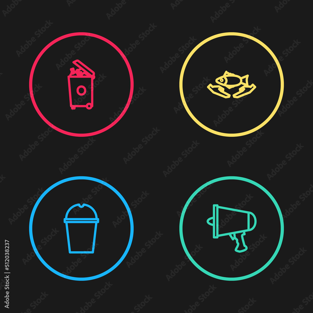 Set line Paper glass water, Spread the word, megaphone, Fish care and Trash can icon. Vector Set line Paper glass water, Spread the word, megaphone, Fish care and Trash can icon. Vector