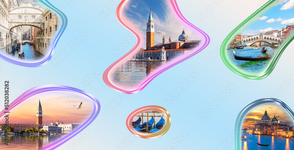 Most famous places of visit in Venice in original collage photo of Italy