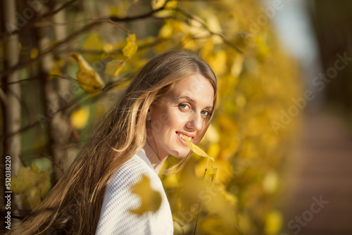 Beautiful young woman with light brown hair in a white sweater on a background of foliage in an autumn park. Portrait of an attractive happy woman among colorful yellow leaves. Fall season. Autumn.