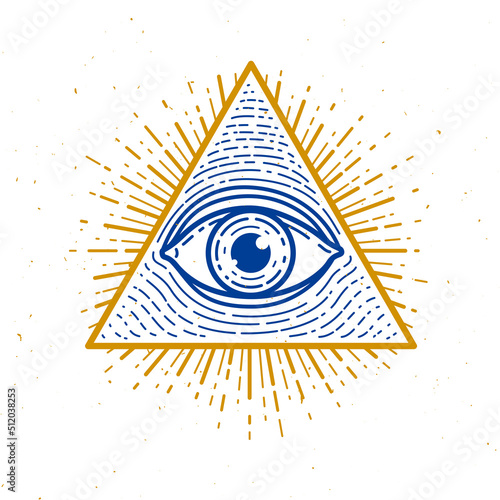All seeing eye of god in sacred geometry triangle, masonry and illuminati symbol, vector logo or emblem design element.