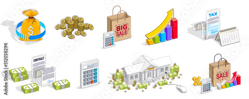 Business and finance concepts 3D vector illustrations set isolated on white background, money theme conceptual design collection, savings, bank, contract, income, safety, online.