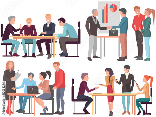 Businesspeople have project strategy planning meeting. Teamwork with business plan, creating new creative project. Meeting to discuss starting business. Colleagues discussing work in entrepreneurship