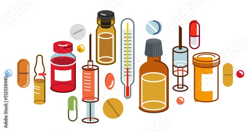 Big composition set of medicaments vector flat illustration isolated, pharmacy drugs apothecary bottles and pills and ampules, health care and healing medical theme design.