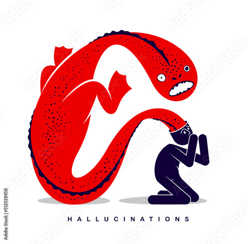 Psychical problems such as phobia psychosis schizophrenia hallucinations vector concept illustration in flat trendy style, psychiatry and psychology allegory, man with monster from his head.