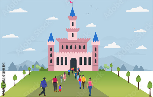Tourists are visiting a very old famous castle. Flat vector illustration.