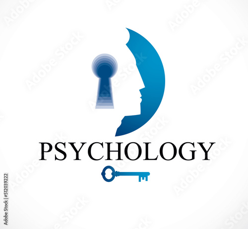 Psychology and mental health concept, created with man head profile and keyhole, psychoanalysis as a key to human nature, individuality and psychic problems. Vector logo or icon design.
