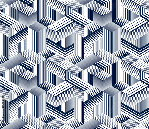 Seamless isometric lines geometric pattern, 3D cubes vector tiling background, architecture and construction, wallpaper design.