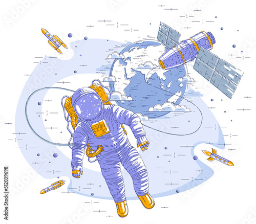 Spaceman flying in open space connected to space station and earth planet in background, astronaut man or woman in spacesuit floating in weightlessness and spacecraft, rockets and stars. Vector.