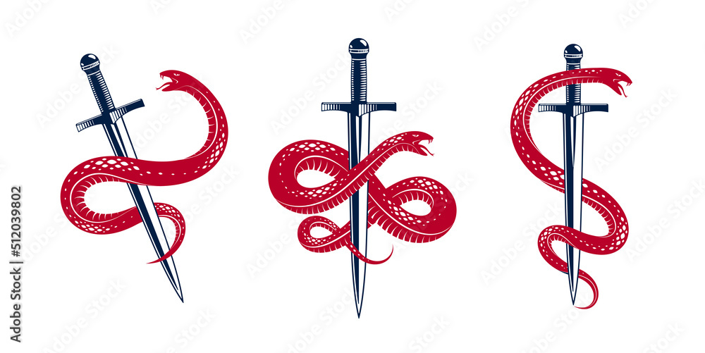 Snake and Dagger, Serpent wraps around a sword vector vintage tattoo, Life is a Fight concept, allegorical logo or emblem of ancient symbol. Snake and Dagger, Serpent wraps around a sword vector vintage tattoo, Life is a Fight concept, allegorical logo or emblem of ancient symbol.