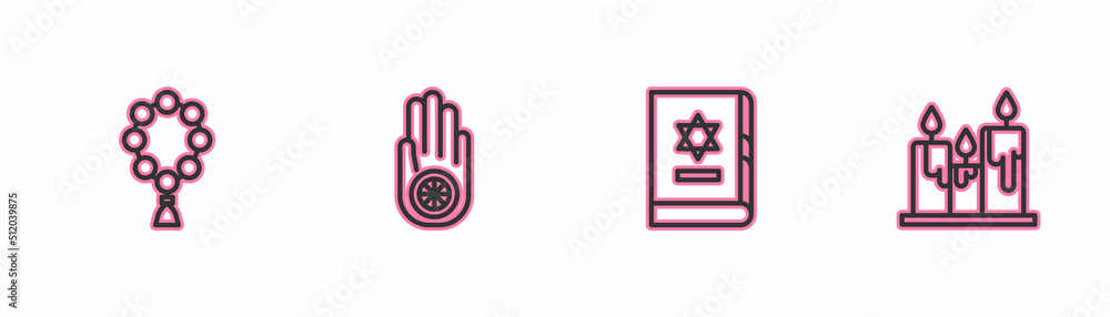 Set line Rosary beads religion, Jewish torah book, Jainism Jain Dharma and Burning candles icon. Vector