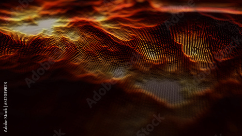 Red dynamic particles wave. Embossed mesh representing internet connections, cloud computing and neural networks. Data flow. Technology background. 3d rendering.