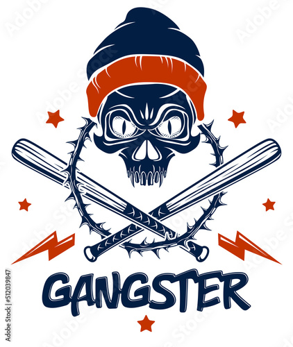 Criminal tattoo ,gang emblem or logo with aggressive skull baseball bats and other weapons and design elements, vector, bandit ghetto vintage style, gangster anarchy or mafia theme.