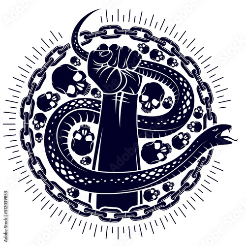 Hand squeezes a snake, fight against evil, control your dark side, internal conflict, archetype shadow, life is a fight concept, vintage vector logo or tattoo.