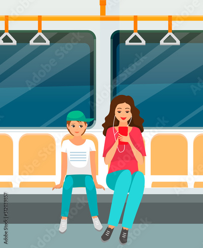 People in subway, metro vector illustration. Woman and boy sitting in train car with seats and handrails. Lady listens to music on smartphone in subway train. Public underground transport passengers