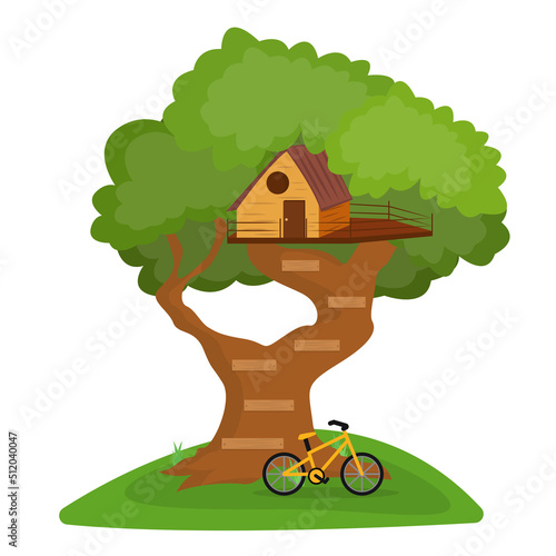 Vector illustration of a beautiful wooden tree house. Cartoon children's playground on the tree.