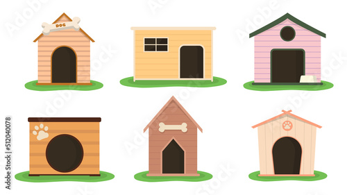 Set of colorful dog houses in cartoon style. Vector illustration of wooden pet houses with grass on white background.