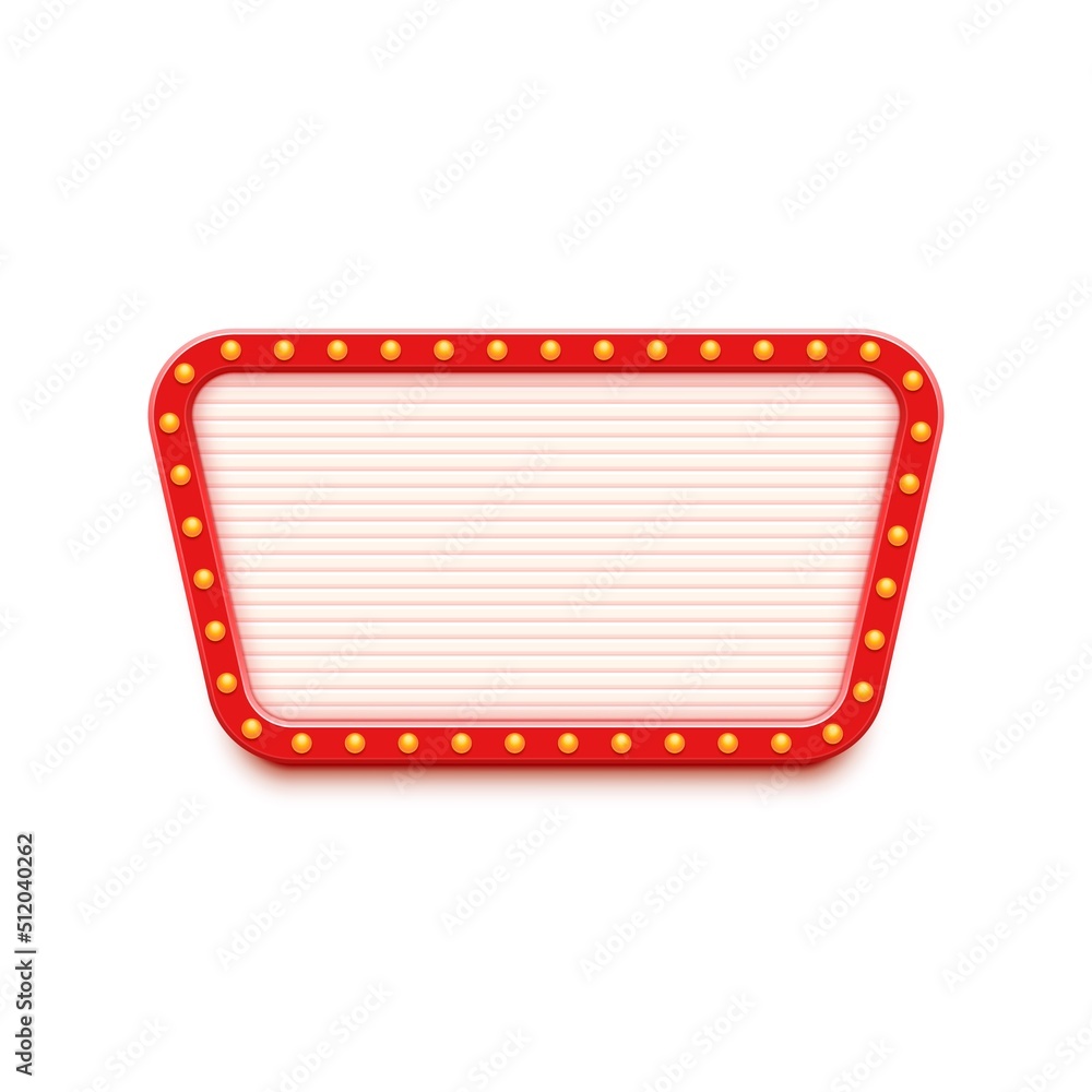 Retro red lightbox with lightbulbs border. Signage with classic style. Vector graphic element for poster, promotion post, banner advertising, trendy design projects. Blank mockup for text and graphic.