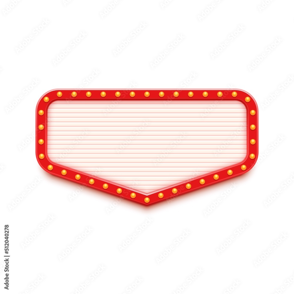 Retro red lightbox with light bulbs frame. Billboard with retro style. Vector graphic element for poster, promotion post, banner advertising, trendy design projects. Blank vector mockup.