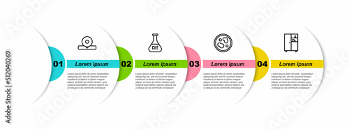 Set line Otolaryngological head reflector, Test tube and flask, Petri dish with bacteria and Medicine cabinet. Business infographic template. Vector