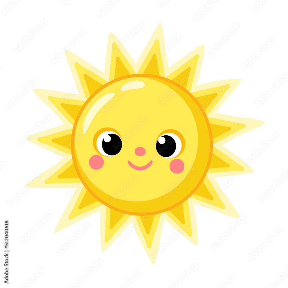 Cute yellow sun smiles. Vector illustration with sun in cartoon style.