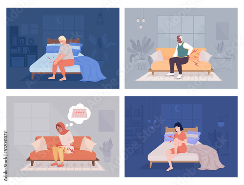 Suffering from persistent pain flat color vector illustration set. Menstrual cramps. Night knee pain. Lower backache. Fully editable 2D simple cartoon character collection with interior on background