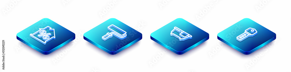Set Isometric line House with percant discount, Paint roller brush, Bathtub and key icon. Vector Set Isometric line House with percant discount, Paint roller brush, Bathtub and key icon. Vector