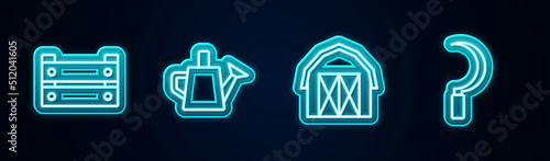 Set line Wooden box, Watering can, Farm house and Sickle. Glowing neon icon. Vector