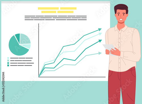 Analytics information and development statistics. Web analysis measure, product testing technology. Man analyses dashboard seo optimization, digital report. Statistical indicators and data on diagram