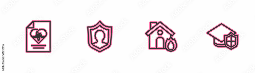 Set line Health insurance, Fire burning house, Life with shield and Graduation cap icon. Vector Set line Health insurance, Fire burning house, Life with shield and Graduation cap icon. Vector
