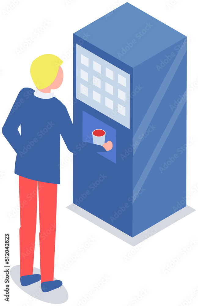 Young man buying coffee in automatic vending machine. Guy using public