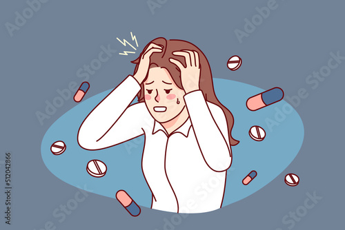 Unhealthy woman suffering from migraine need painkiller to relieve pain. Unwell female struggle with headache or dizziness. Healthcare and medication concept. Vector illustration. 