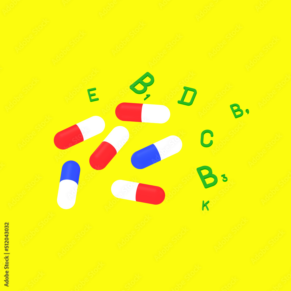 medical capsules of different colors. detection of vitamins by green color symbols. healthy food concept. Square image. 3D image. 3D rendering. medical capsules of different colors. detection of vitamins by green color symbols. healthy food concept. Square image. 3D image. 3D rendering.