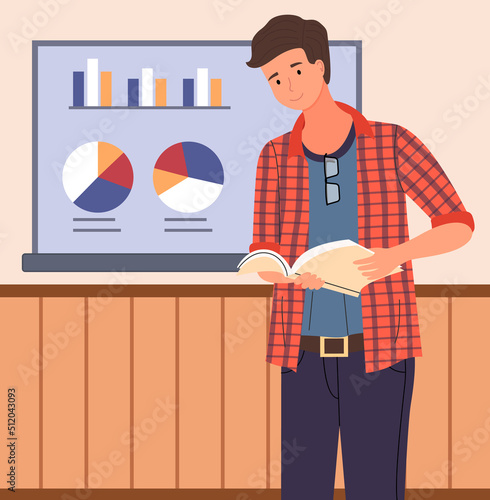 Analytics information and development statistics. Web analysis measure, product testing technology. Man analyses dashboard seo optimization, digital report. Statistical indicators and data on diagram