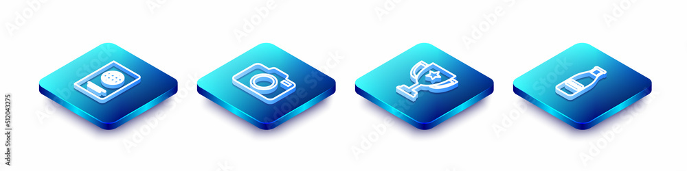 Set Isometric line Passport, Photo camera, Trophy cup and Glass bottle milk and cap icon. Vector Set Isometric line Passport, Photo camera, Trophy cup and Glass bottle milk and cap icon. Vector