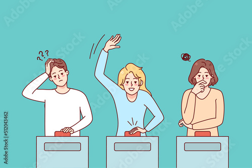 Diverse people participate in quiz show answering questions. Men and women take part in gambling game on TV. Flat vector illustration. 