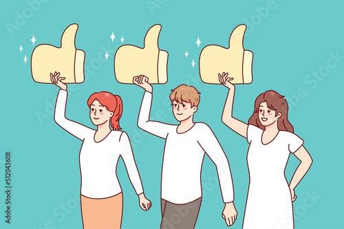 Diverse people holding huge like signs, giving good review to service. Clients or customers rate showing satisfaction. Feedback concept. Vector illustration. 