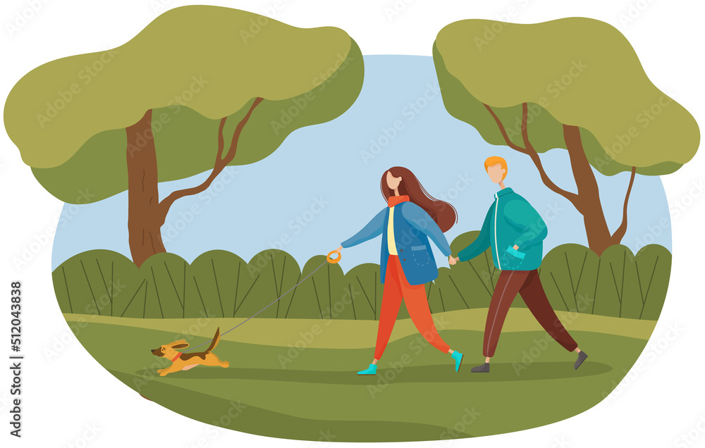 Woman and man walking with dog in spring park. Active lifestyle, outdoor recreation, family pastime concept. Couple spending time with pet in nature. People in relationship during walk together