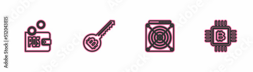 Set line Proof of stake, ASIC Miner, Cryptocurrency key and CPU mining farm icon. Vector