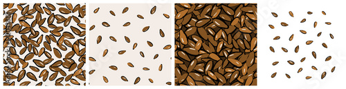 Flax seed clipart and background. Linseed, source of omega-3 healthy food, salad ingredient seamless pattern for product packaging print. Hand drawn repeat vector design in abstract trendy style.