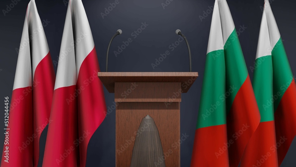 Flags of Poland and Bulgaria at international meeting or negotiations press conference. Podium speaker tribune with flags and coat arms. 3d rendering Flags of Poland and Bulgaria at international meeting or negotiations press conference. Podium speaker tribune with flags and coat arms. 3d rendering