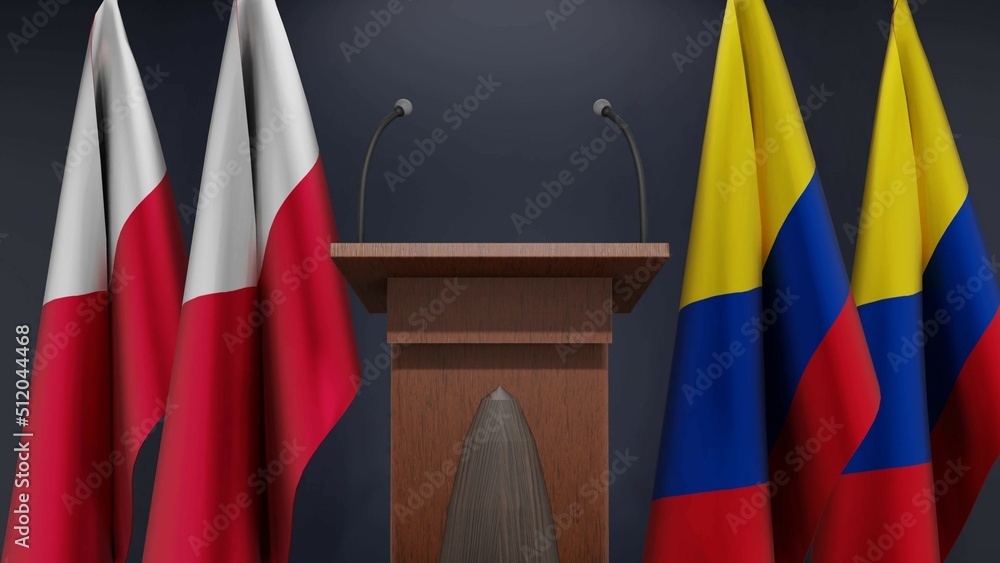 Flags of Poland and Colombia at international meeting or negotiations press conference. Podium speaker tribune with flags and coat arms. 3d rendering Flags of Poland and Colombia at international meeting or negotiations press conference. Podium speaker tribune with flags and coat arms. 3d rendering