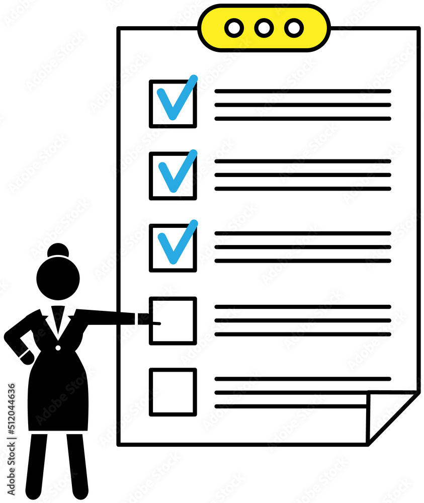 Woman stands at big complete checklist icon, worksheet with tick marks ...