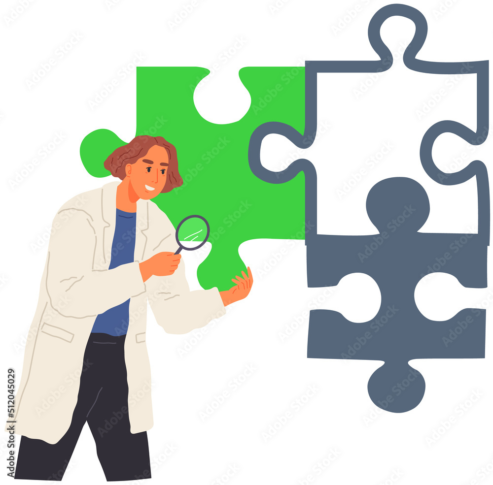 Scientist makes new decision in science. Idea of education, scientific developent. Woman in lab coat conducting experiment, research. Researcher with loupe analyses puzzle pieces, search for solution Scientist makes new decision in science. Idea of education, scientific developent. Woman in lab coat conducting experiment, research. Researcher with loupe analyses puzzle pieces, search for solution