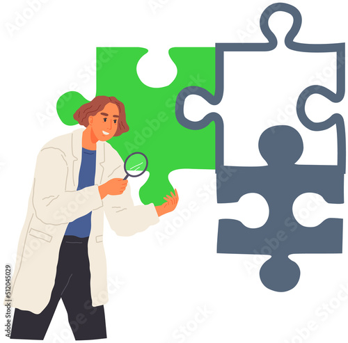 Scientist makes new decision in science. Idea of education, scientific developent. Woman in lab coat conducting experiment, research. Researcher with loupe analyses puzzle pieces, search for solution