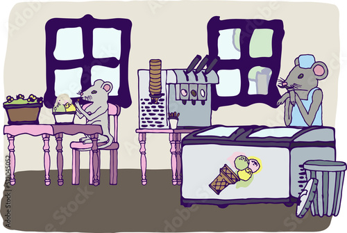 Illustration of an ice cream parlor. Freezer, indoors, seller and buyer, eps ready for use. For your design