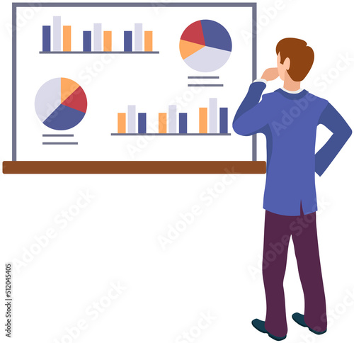 Analytics information and development statistics. Web analysis measure, product testing technology. Man analyses dashboard seo optimization, digital report. Statistical indicators and data on diagram