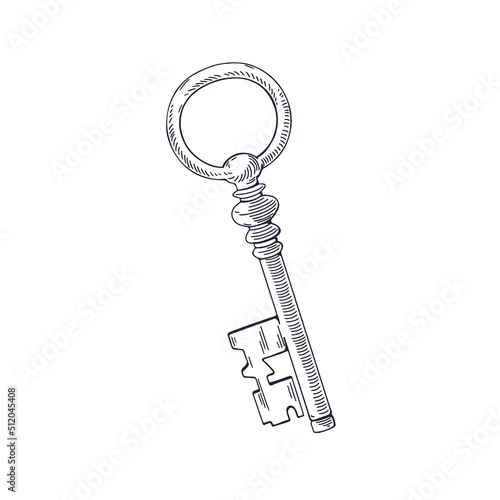 Engraved outlined door key drawn in vintage retro style. Etched black and whi...