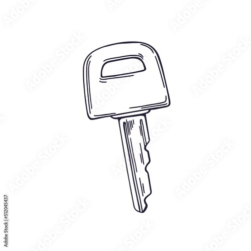 Outlined door key. Contoured black and white engraving in vintage style. Etch...